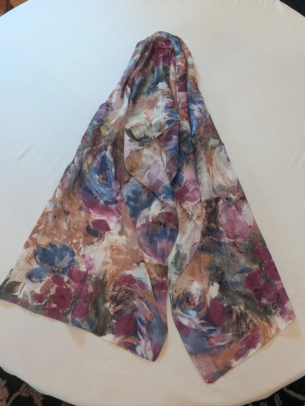 Floral Watercolor Silk-Feel Scarf in Mauve and Blue